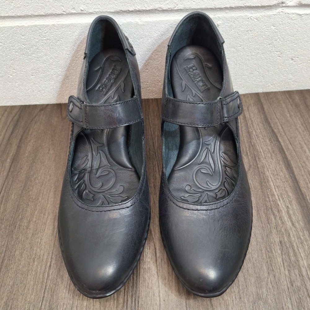 Born Women's Size 10M Black Leather Mary Jane Pumps Studded Cone Casual Heels
